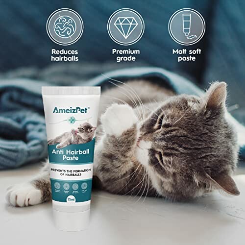 Cat lying beside AmeizPet Anti Hairball Paste tube.