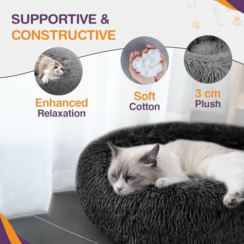 Cat sleeping on a plush round bed with text highlighting enhanced relaxation, soft cotton, and 3 cm plush.