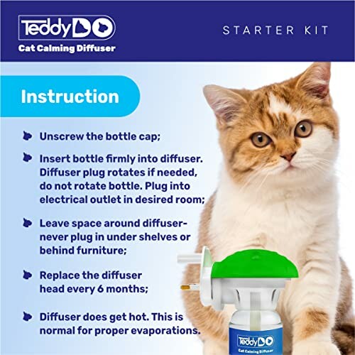 Cat beside a calming diffuser starter kit with instructions.