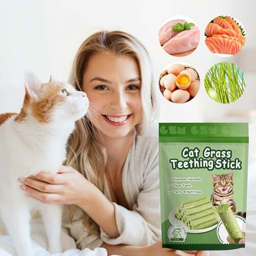 Woman with cat and cat grass teething stick package