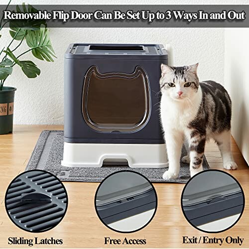 Cat next to a litter box with removable flip door and various setup options.