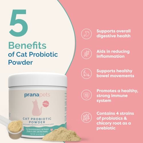 Benefits of cat probiotic powder with product image and list of health benefits.