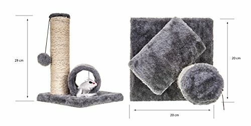 Cat scratching post with a toy mouse and plush platforms.