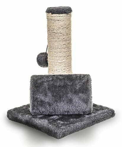 Gray cat scratching post with sisal rope and pom-pom toy.