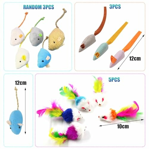 Colorful cat toy mice set with feathers and strings.