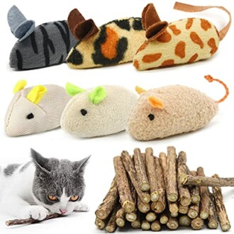 Cat toys shaped like mice with various patterns and a bundle of chew sticks.