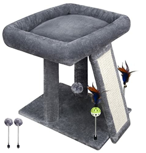 Gray cat tree with scratching post and toys