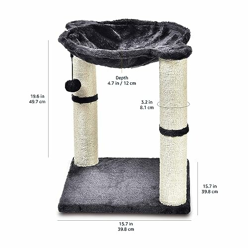 Compact cat tree tower with scratching posts and hammock.