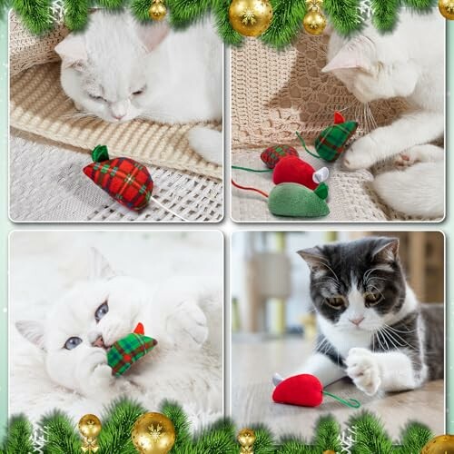 Cats playing with holiday-themed toys.