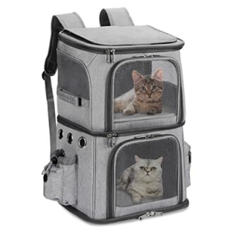 Two cats in a double-decker pet carrier backpack.