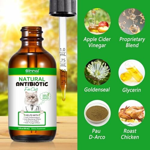 Natural antibiotic for cats with ingredients and dropper.