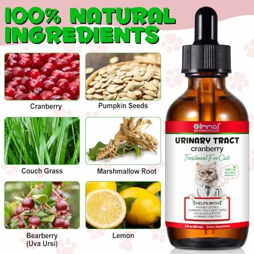 Natural ingredients for cat urinary tract supplement including cranberry, pumpkin seeds, couch grass, marshmallow root, bearberry, and lemon.