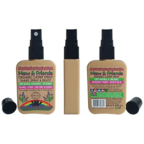 Three bottles of Meow & Friends Organic Catnip Spray with labels.