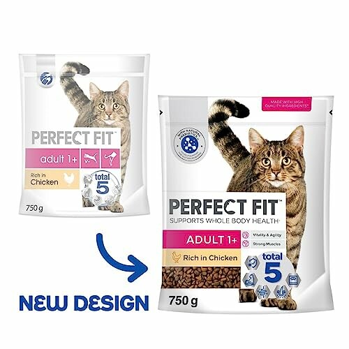 New design packaging for Perfect Fit cat food, adult 1+ rich in chicken flavor.