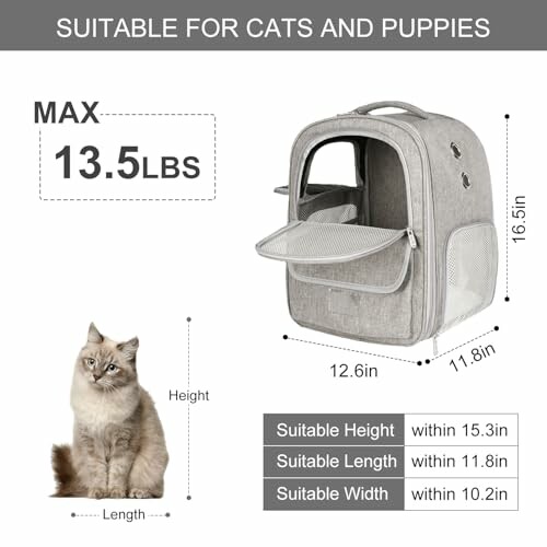 Dimensions and capacity of a pet backpack suitable for cats and puppies.