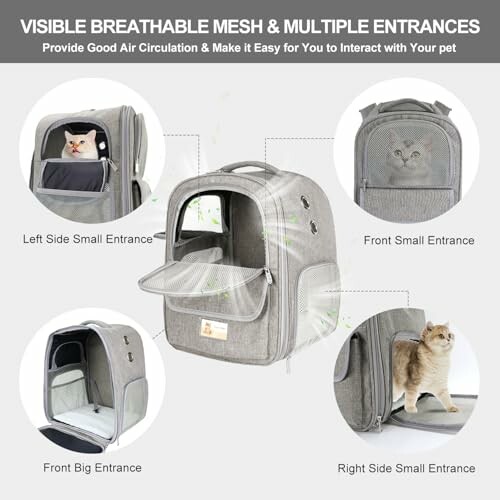 Pet carrier bag with breathable mesh and multiple entrances for easy pet interaction.