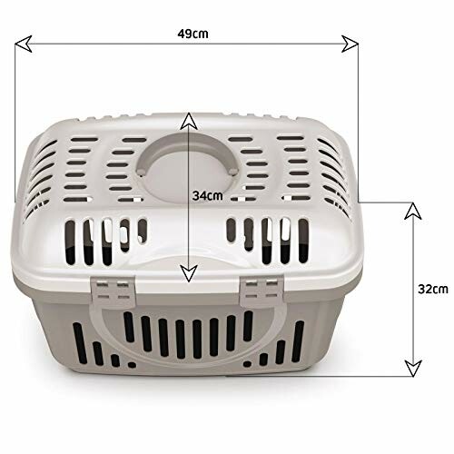 Pet carrier with dimensions labeled 49cm by 34cm by 32cm.