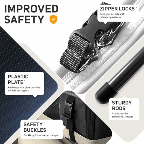 Pet carrier safety features including zipper locks, plastic plate, safety buckles, and sturdy rods.