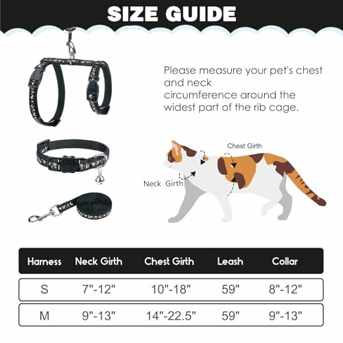 Pet harness size guide with illustration of cat and measurement details.