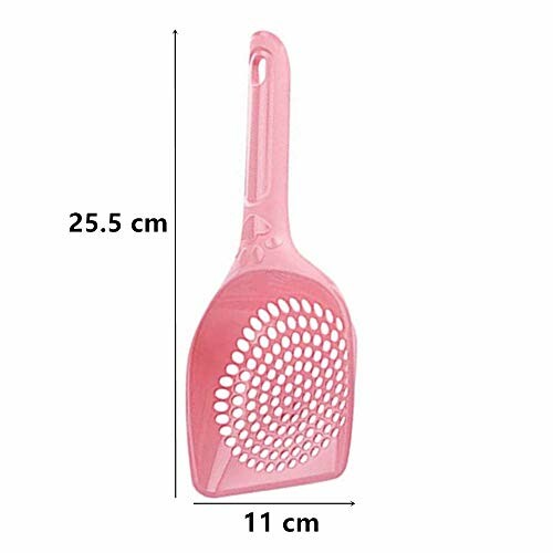 Pink plastic cat litter scoop with measurements