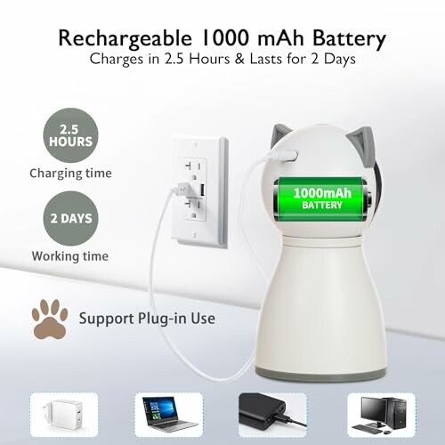 Cat-shaped device with rechargeable 1000 mAh battery, charges in 2.5 hours and lasts for 2 days.