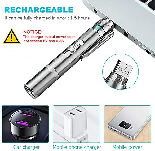 Rechargeable laser pointer with USB charging options.