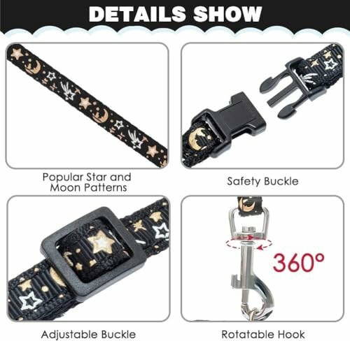 Dog collar with star and moon patterns, safety buckle, adjustable buckle, and 360-degree rotatable hook.