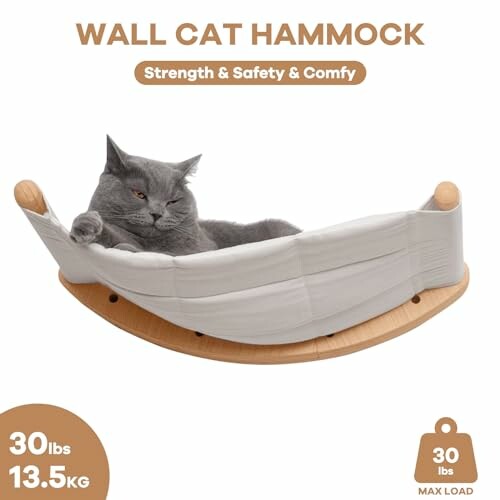 Gray cat in a wall-mounted hammock with weight capacity info